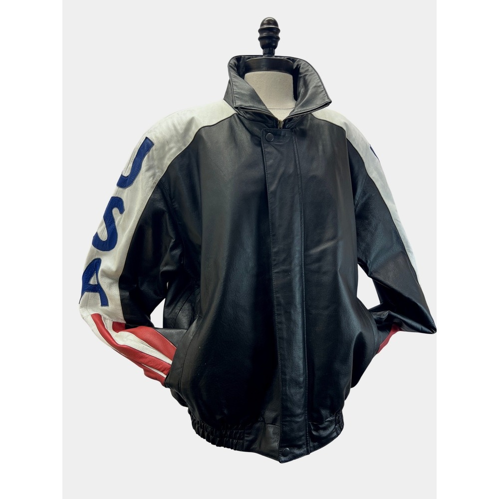 Interstate Leather USA‎ Flag Bomber Jacket Mens XL Black Vintage Patriotic Good